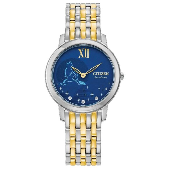 Citizen Women's Disney Ariel Eco-Drive Silver Gold Watch 30MM EX1499-50W - Picture 1 of 4
